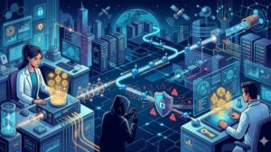 Футуристическая иллюстрация квантового распределения ключей для защиты данных в современном цифровом стиле